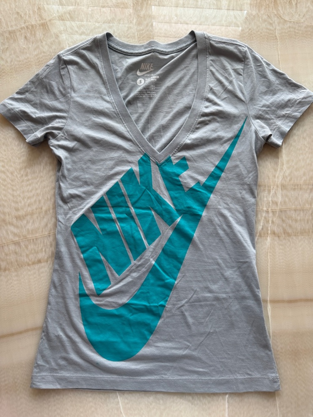 Vintage Nike Gray V-Neck Tee with Teal Swoosh